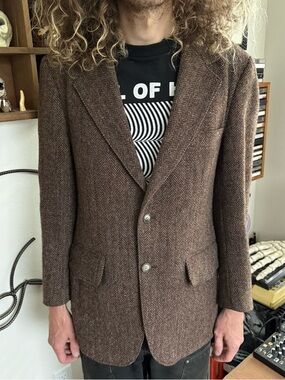 Vintage 60s 70s Brown Herringbone Harris Tweed Blazer Union Made ~ Size 42 / M